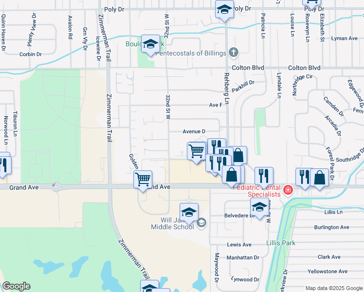 map of restaurants, bars, coffee shops, grocery stores, and more near 3155 Avenue C in Billings