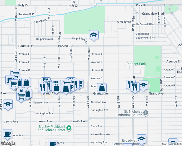 map of restaurants, bars, coffee shops, grocery stores, and more near 743 Avenue C in Billings