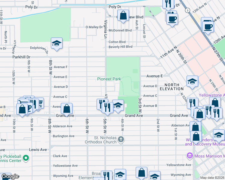 map of restaurants, bars, coffee shops, grocery stores, and more near 420B South Lordwith Drive in Billings