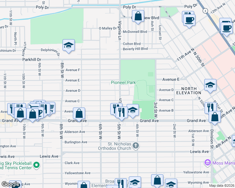 map of restaurants, bars, coffee shops, grocery stores, and more near 1522 Virginia Lane in Billings