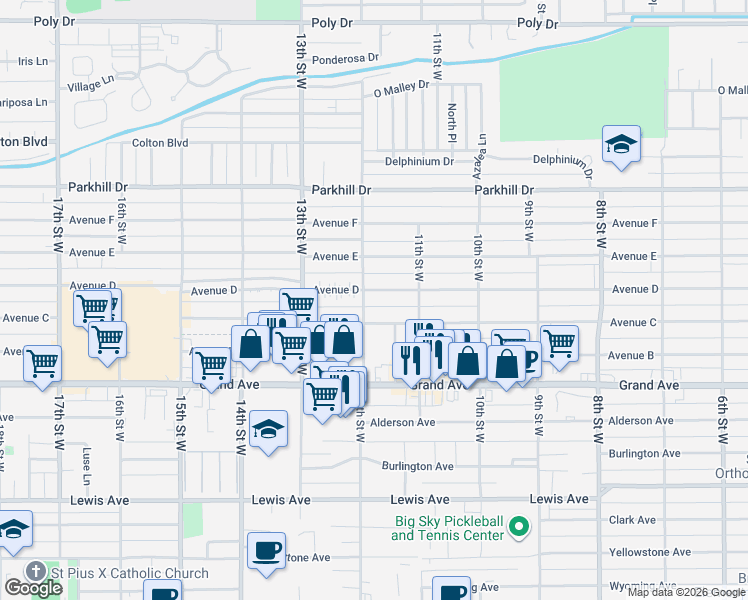 map of restaurants, bars, coffee shops, grocery stores, and more near 1201 Avenue C in Billings