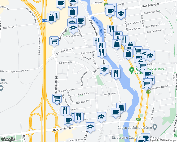 map of restaurants, bars, coffee shops, grocery stores, and more near 121 Rue Désormeaux in Saint-Jérôme
