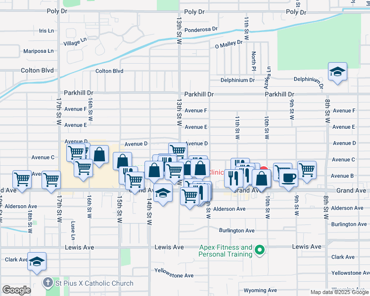 map of restaurants, bars, coffee shops, grocery stores, and more near 1227 Avenue C in Billings