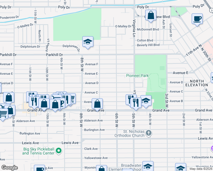 map of restaurants, bars, coffee shops, grocery stores, and more near 641 Avenue C in Billings