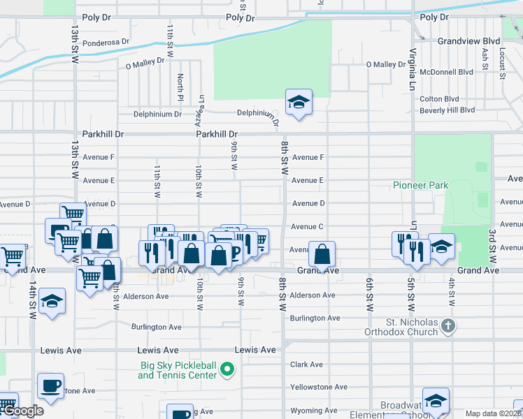 map of restaurants, bars, coffee shops, grocery stores, and more near 821 Avenue C in Billings