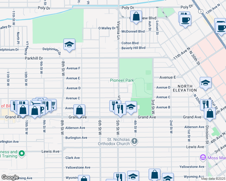 map of restaurants, bars, coffee shops, grocery stores, and more near 1522 Virginia Lane in Billings