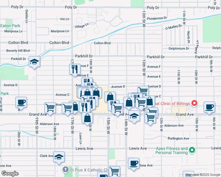 map of restaurants, bars, coffee shops, grocery stores, and more near 1445 Avenue C in Billings