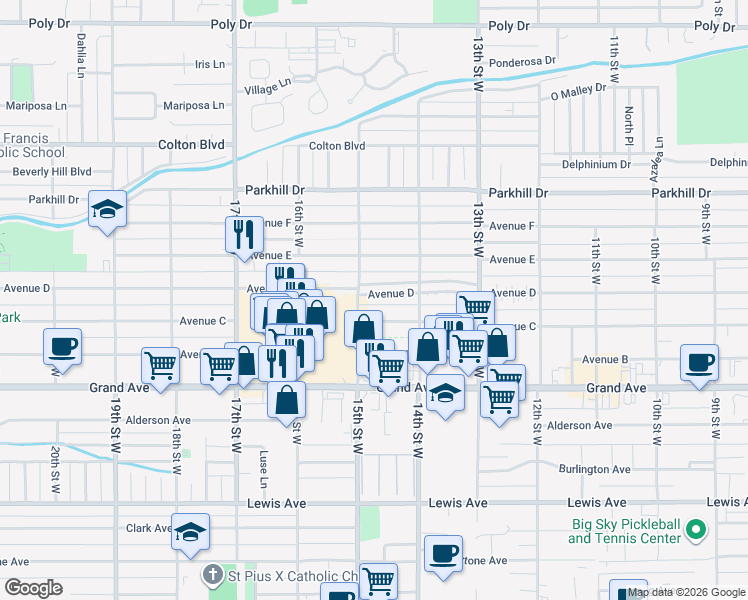 map of restaurants, bars, coffee shops, grocery stores, and more near 1445 Avenue C in Billings