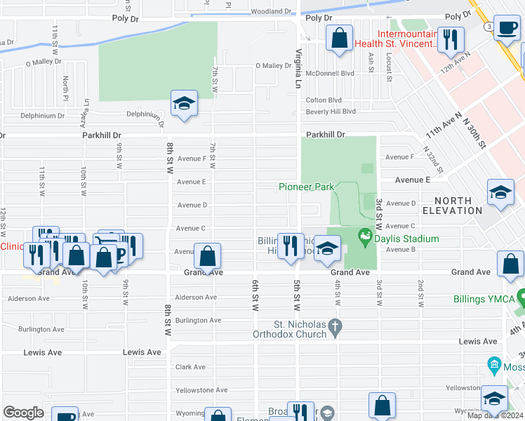 map of restaurants, bars, coffee shops, grocery stores, and more near 546 Avenue D in Billings