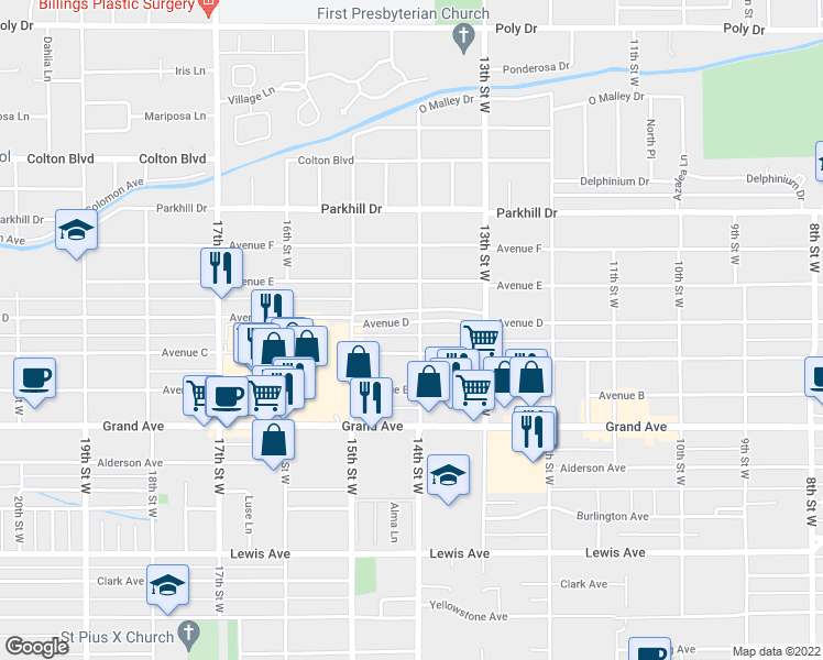 map of restaurants, bars, coffee shops, grocery stores, and more near 1614 14th Street West in Billings