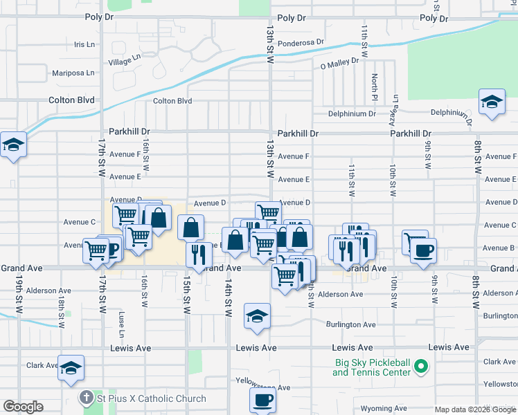 map of restaurants, bars, coffee shops, grocery stores, and more near 1309 Avenue C in Billings