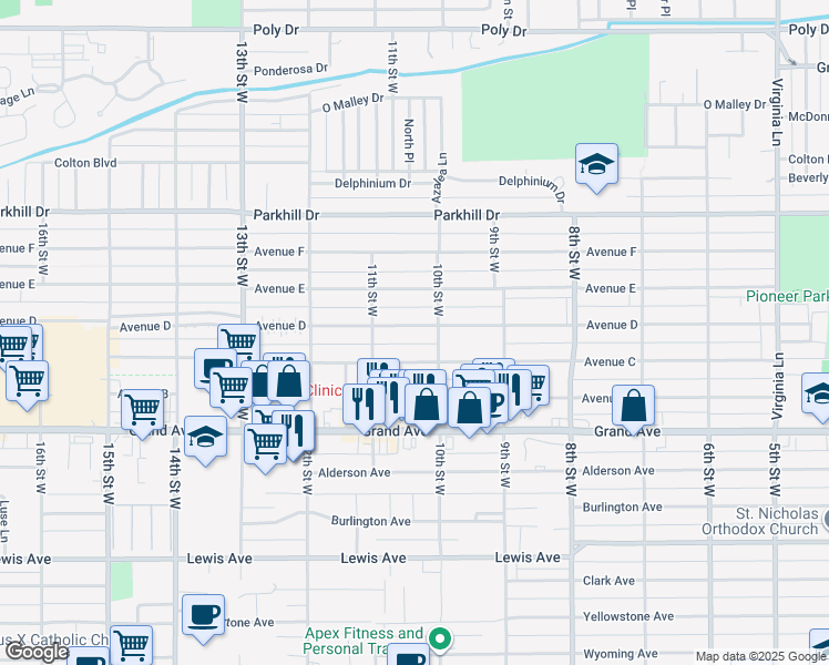 map of restaurants, bars, coffee shops, grocery stores, and more near 1014 Avenue D in Billings