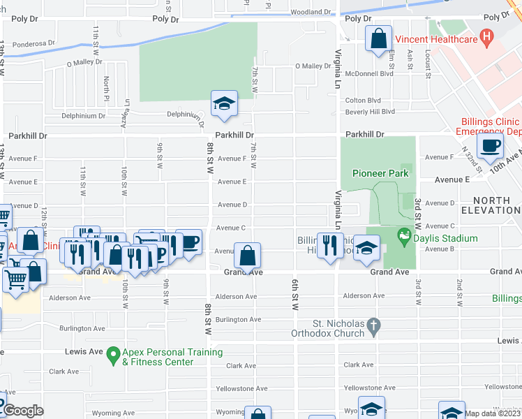 map of restaurants, bars, coffee shops, grocery stores, and more near 640 Avenue D in Billings