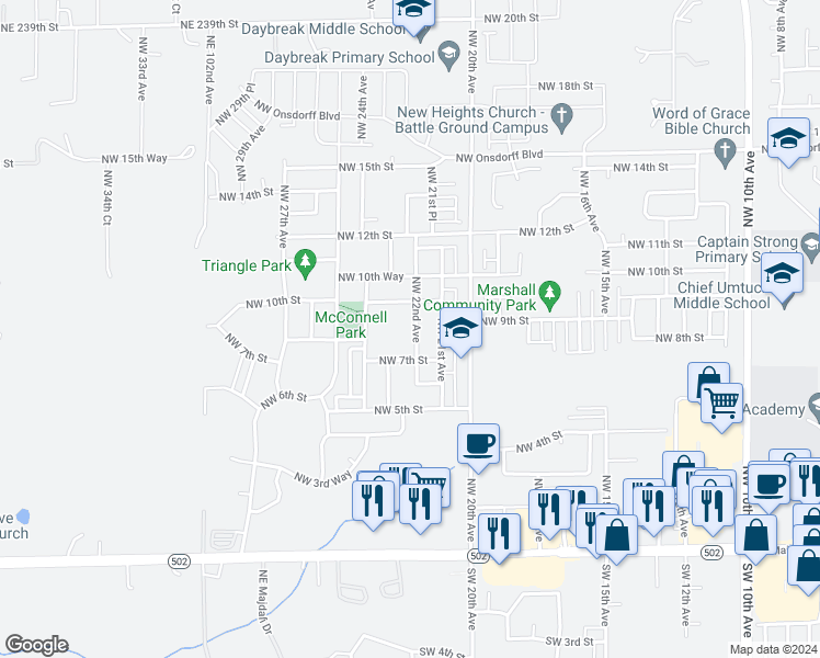 map of restaurants, bars, coffee shops, grocery stores, and more near 808 Northwest 22nd Avenue in Battle Ground