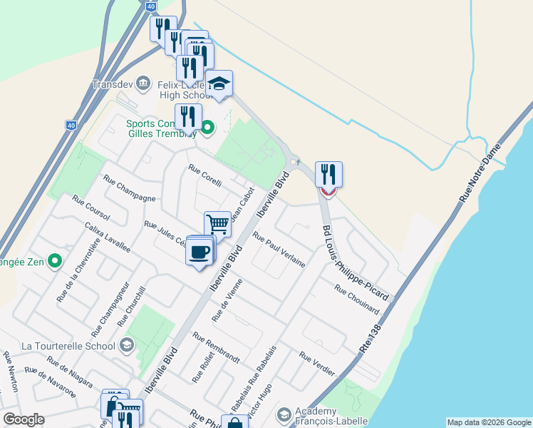 map of restaurants, bars, coffee shops, grocery stores, and more near 1410 A Boulevard Iberville in Repentigny