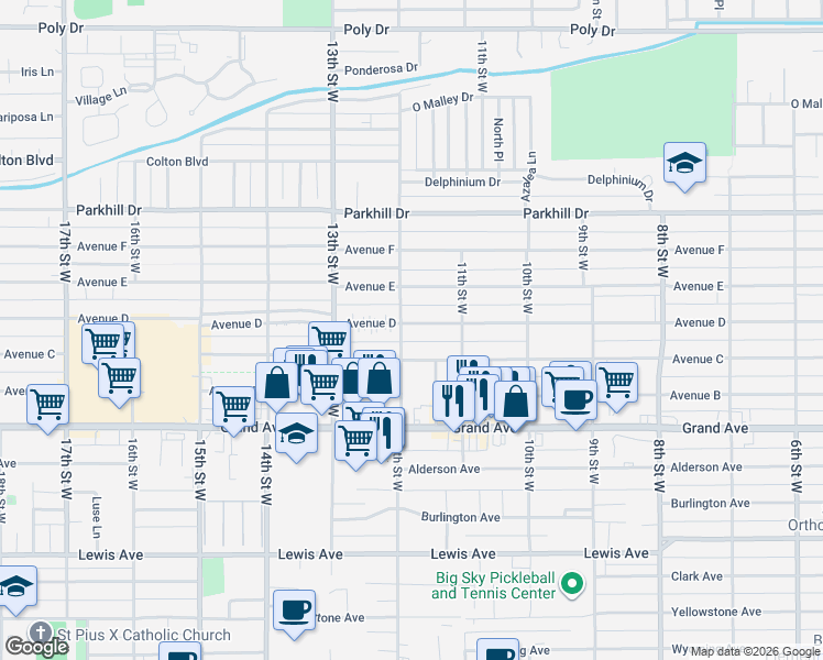 map of restaurants, bars, coffee shops, grocery stores, and more near 1146 Avenue E in Billings