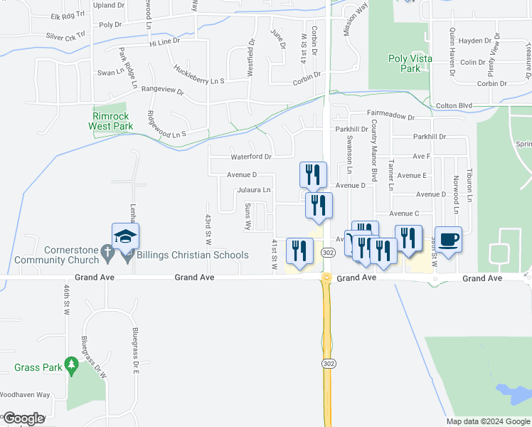 map of restaurants, bars, coffee shops, grocery stores, and more near Lakers Way in Billings