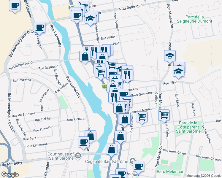 map of restaurants, bars, coffee shops, grocery stores, and more near 446 Rue Filion in Saint-Jérôme