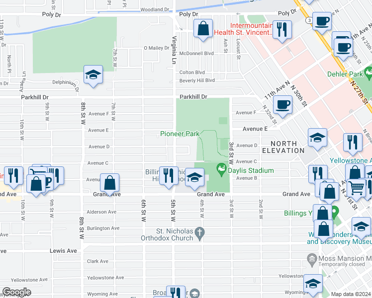 map of restaurants, bars, coffee shops, grocery stores, and more near 421 Lordwith Drive in Billings