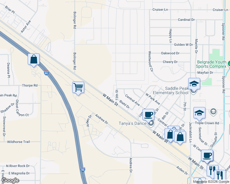 map of restaurants, bars, coffee shops, grocery stores, and more near 1119 West Park Avenue in Belgrade
