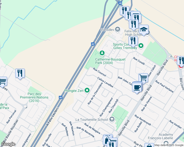 map of restaurants, bars, coffee shops, grocery stores, and more near 347 Calixa Lavallee in Repentigny