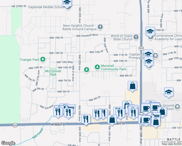 map of restaurants, bars, coffee shops, grocery stores, and more near 1812 Northwest 9th Way in Battle Ground
