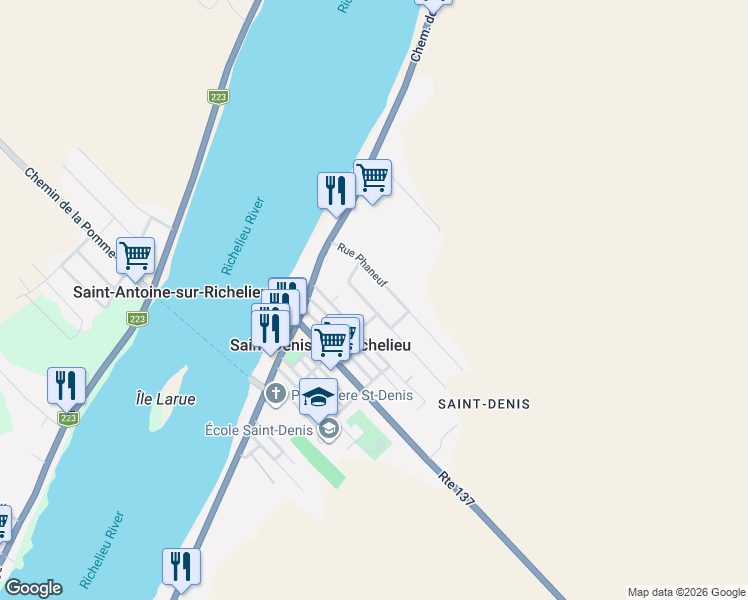 map of restaurants, bars, coffee shops, grocery stores, and more near 113 Rue Saint-Germain in Saint-Denis-sur-Richelieu