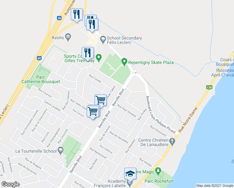 map of restaurants, bars, coffee shops, grocery stores, and more near 1399 Boulevard Iberville in Repentigny