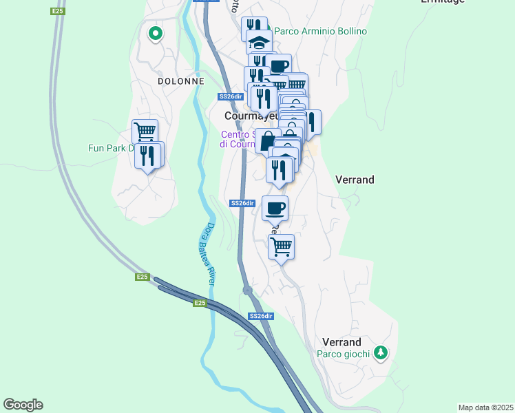 map of restaurants, bars, coffee shops, grocery stores, and more near 3B Strada delle Volpi in Courmayeur
