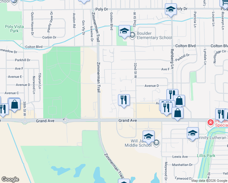 map of restaurants, bars, coffee shops, grocery stores, and more near 1781 Golden Boulevard in Billings