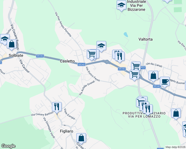 map of restaurants, bars, coffee shops, grocery stores, and more near 21 Via Liancourt in Olgiate Comasco