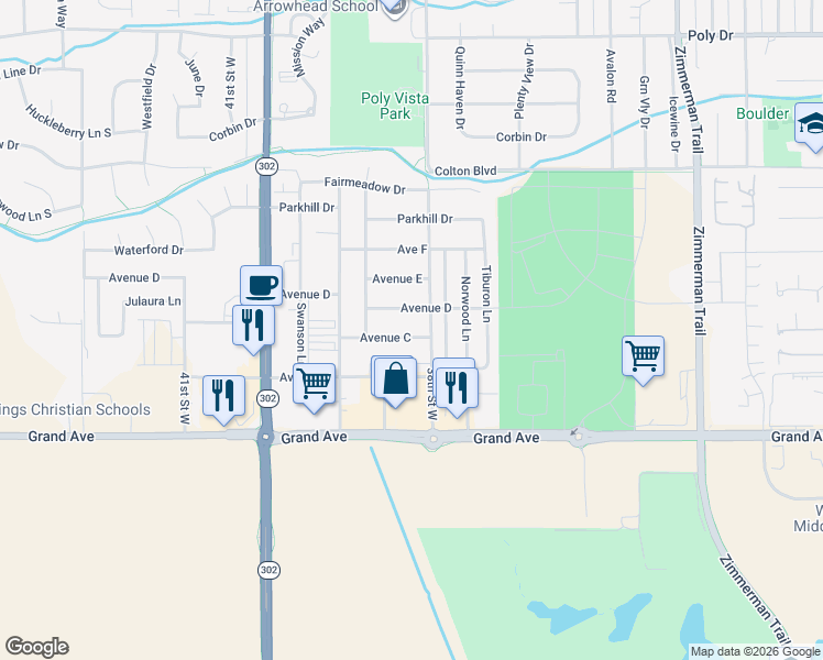 map of restaurants, bars, coffee shops, grocery stores, and more near 3824 Avenue D in Billings