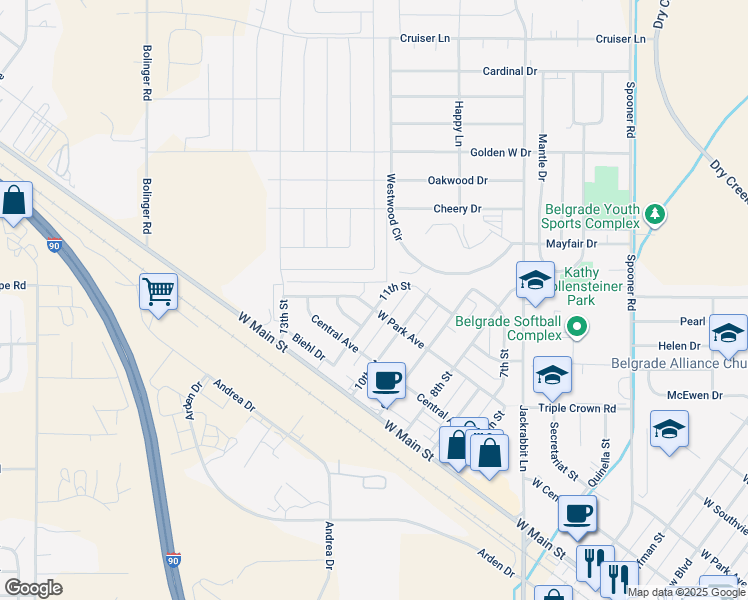 map of restaurants, bars, coffee shops, grocery stores, and more near 1105 West Park Avenue in Belgrade