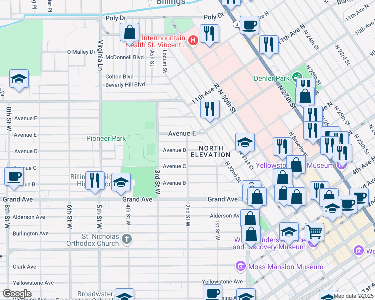 map of restaurants, bars, coffee shops, grocery stores, and more near 1700 2nd Street West in Billings