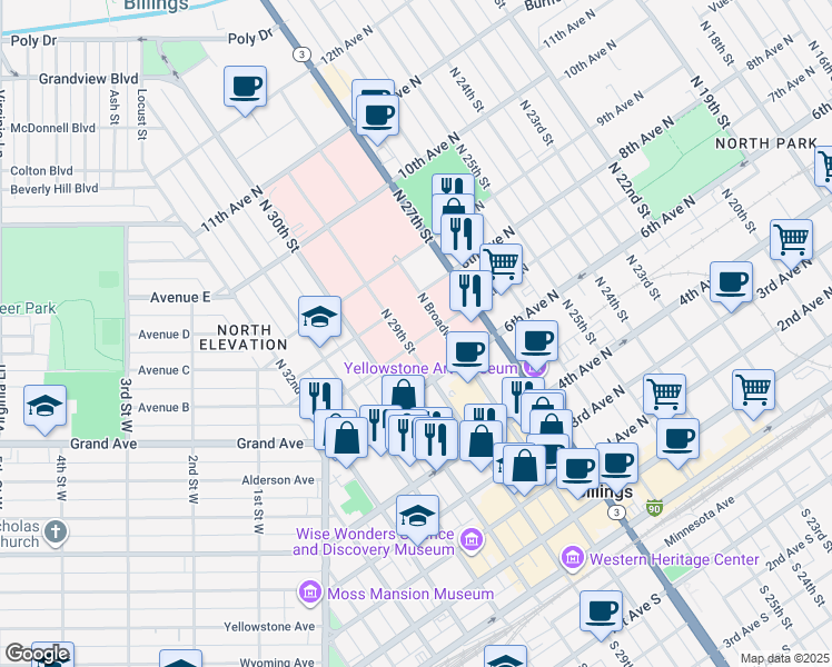 map of restaurants, bars, coffee shops, grocery stores, and more near 703 North 29th Street in Billings