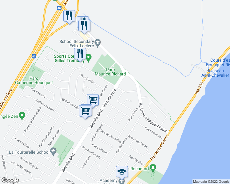 map of restaurants, bars, coffee shops, grocery stores, and more near 1422 Boulevard Iberville in Repentigny