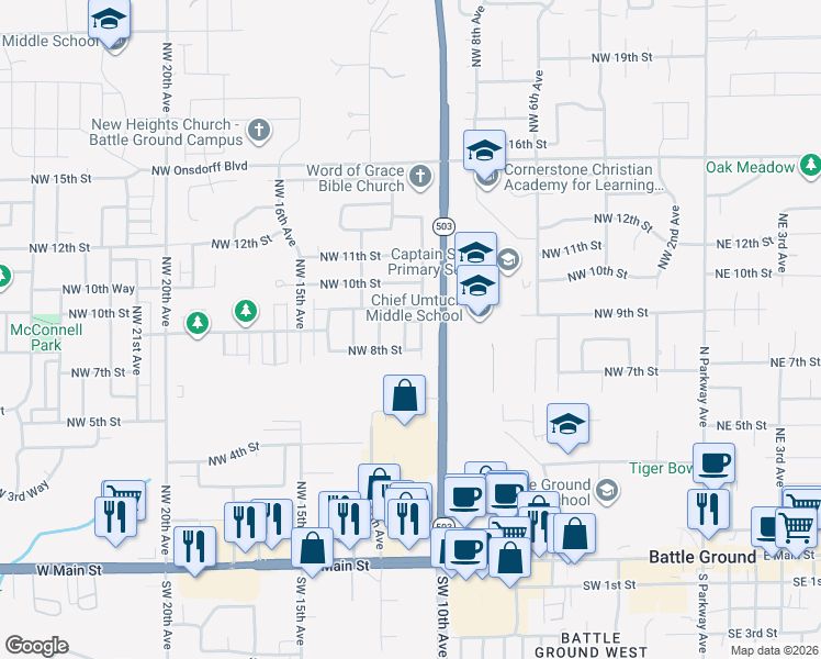 map of restaurants, bars, coffee shops, grocery stores, and more near 1101 Northwest 9th Way in Battle Ground