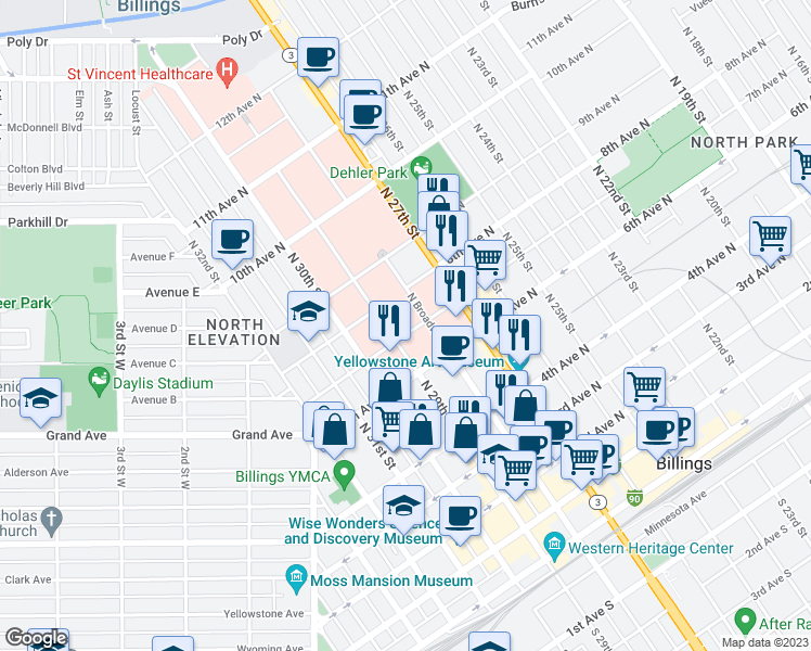map of restaurants, bars, coffee shops, grocery stores, and more near 2803 7th Avenue North in Billings