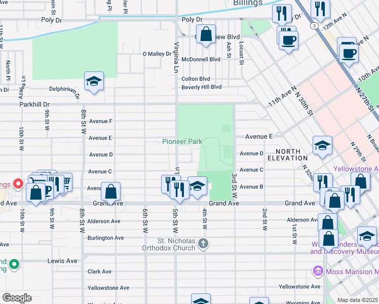 map of restaurants, bars, coffee shops, grocery stores, and more near 421 Lordwith Drive in Billings