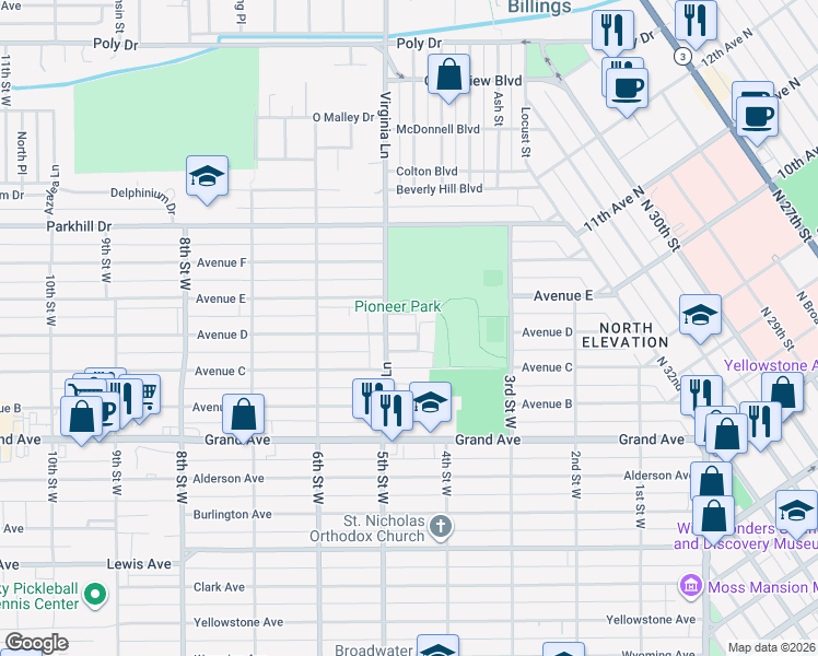 map of restaurants, bars, coffee shops, grocery stores, and more near 421 Lordwith Drive in Billings