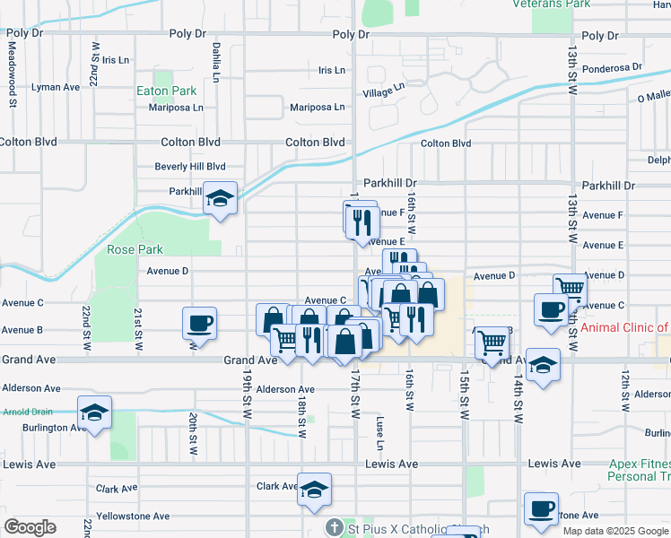 map of restaurants, bars, coffee shops, grocery stores, and more near 1707 Ave D in Billings