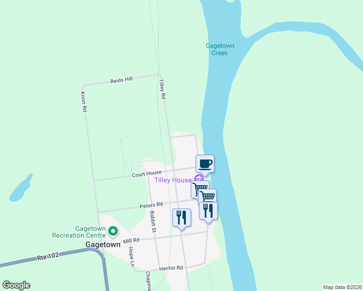 map of restaurants, bars, coffee shops, grocery stores, and more near 94 Tilley Road in Gagetown