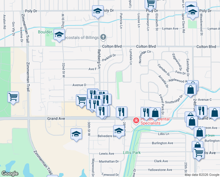 map of restaurants, bars, coffee shops, grocery stores, and more near 1724 Patricia Lane in Billings
