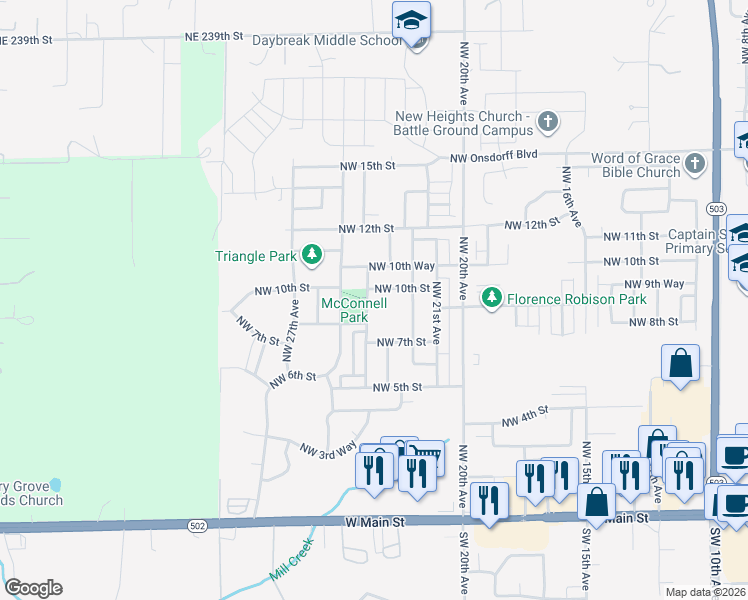 map of restaurants, bars, coffee shops, grocery stores, and more near 2312 Northwest 10th Street in Battle Ground