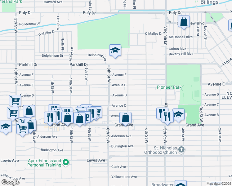 map of restaurants, bars, coffee shops, grocery stores, and more near 1707 8th Street West in Billings