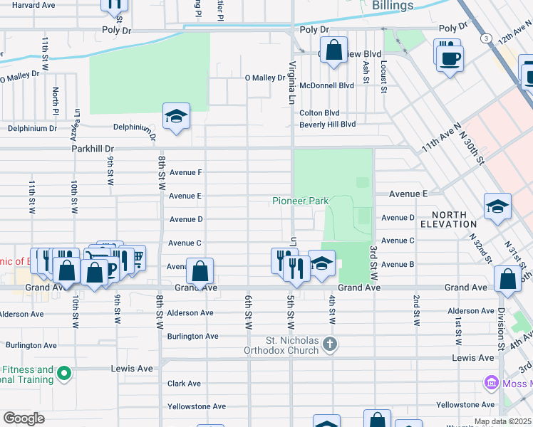map of restaurants, bars, coffee shops, grocery stores, and more near 531 Avenue D in Billings