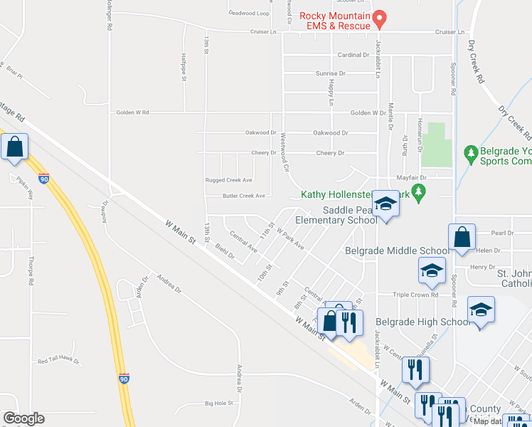 map of restaurants, bars, coffee shops, grocery stores, and more near 1105 West Park Avenue in Belgrade