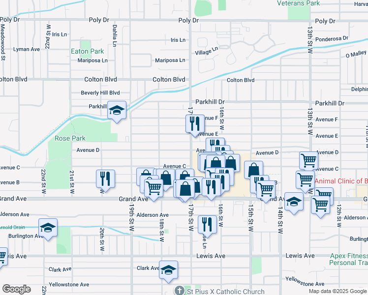 map of restaurants, bars, coffee shops, grocery stores, and more near 1707 Avenue D in Billings