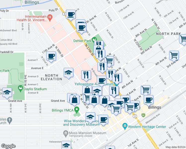 map of restaurants, bars, coffee shops, grocery stores, and more near 2803 7th Avenue North in Billings