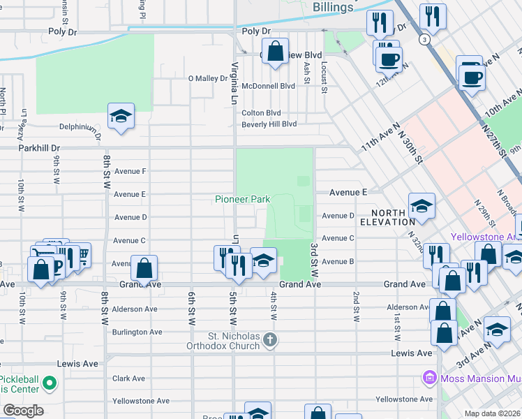 map of restaurants, bars, coffee shops, grocery stores, and more near 421 Lordwith Drive in Billings